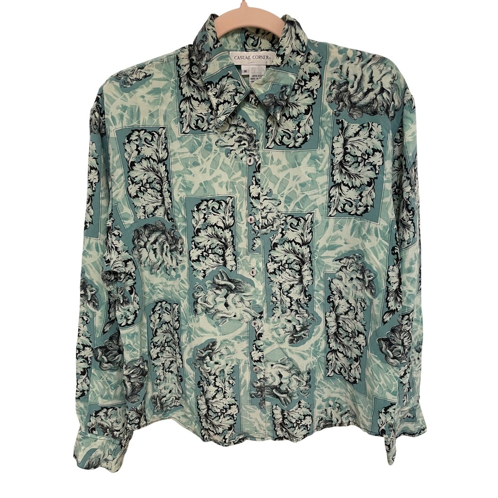 Vintage Casual Corner Silk Blouse Teal Black Baroque‎ Print Button Down Size M